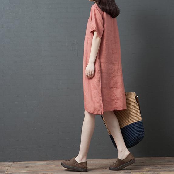 Beautiful solid color o neck linen Robes Fashion Ideas pink short sleeve Dress summer - Omychic