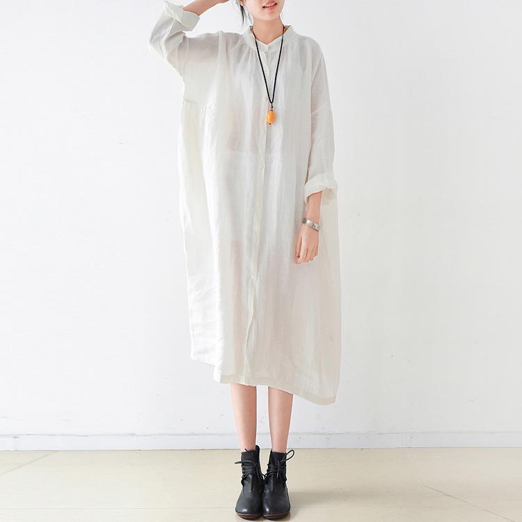 Beautiful stand collar Batwing Sleeve linen outfit plus size Inspiration white Knee Dresses - Omychic