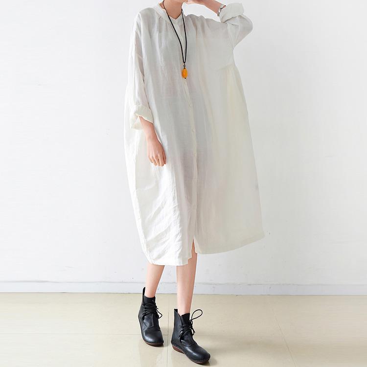 Beautiful stand collar Batwing Sleeve linen outfit plus size Inspiration white Knee Dresses - Omychic