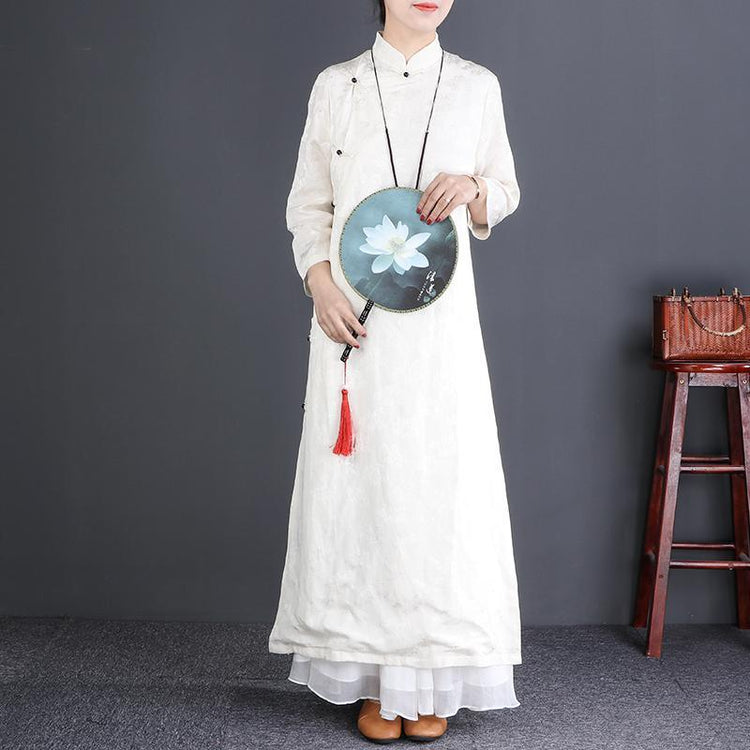 Beautiful stand collar Button Down silk linen dress Korea Work white Maxi Dresses - Omychic