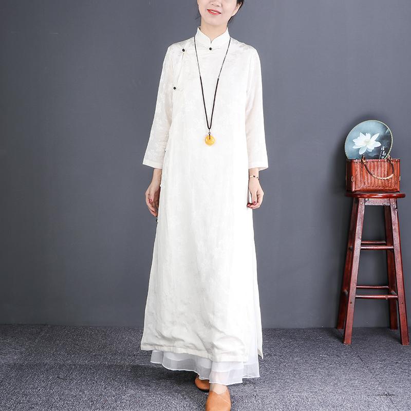 Beautiful stand collar Button Down silk linen dress Korea Work white Maxi Dresses - Omychic