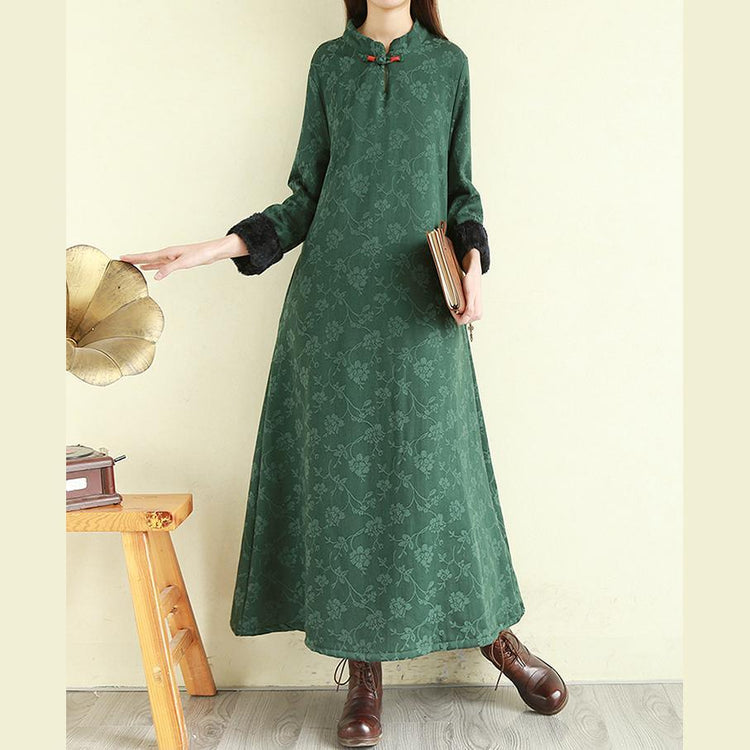 Beautiful stand collar linen winter Robes Runway green Dress - Omychic