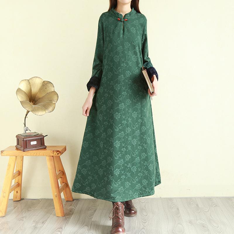 Beautiful stand collar linen winter Robes Runway green Dress - Omychic