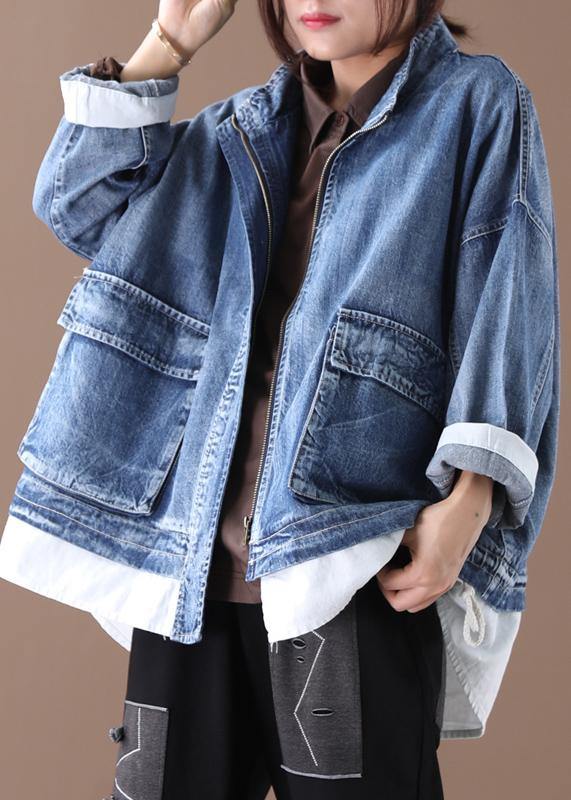 Beautiful stand collar zippered Fine crane coats denim blue Art women coats