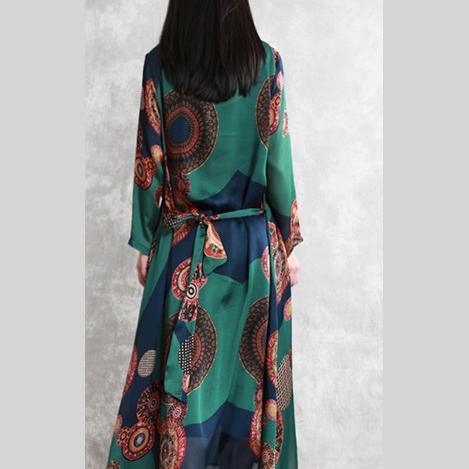 Beautiful tie waist silk clothes For Women blue green prints Maxi Dress summer - Omychic
