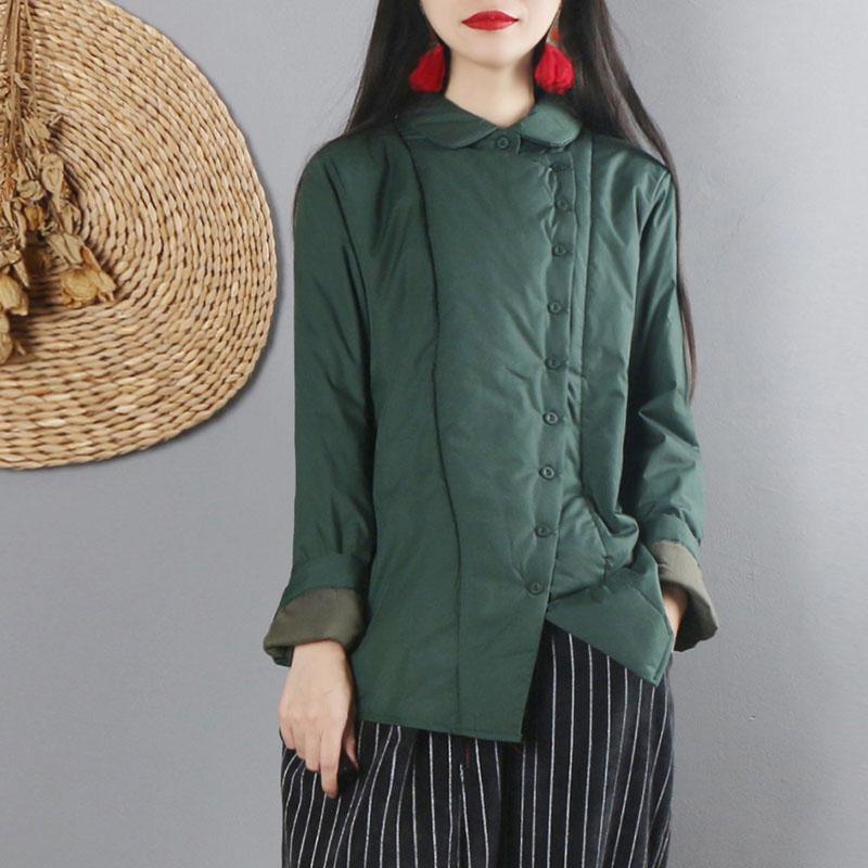 Beautiful turn-down collar thick Button Down cotton clothes For Women blackish green baggy blouses - Omychic