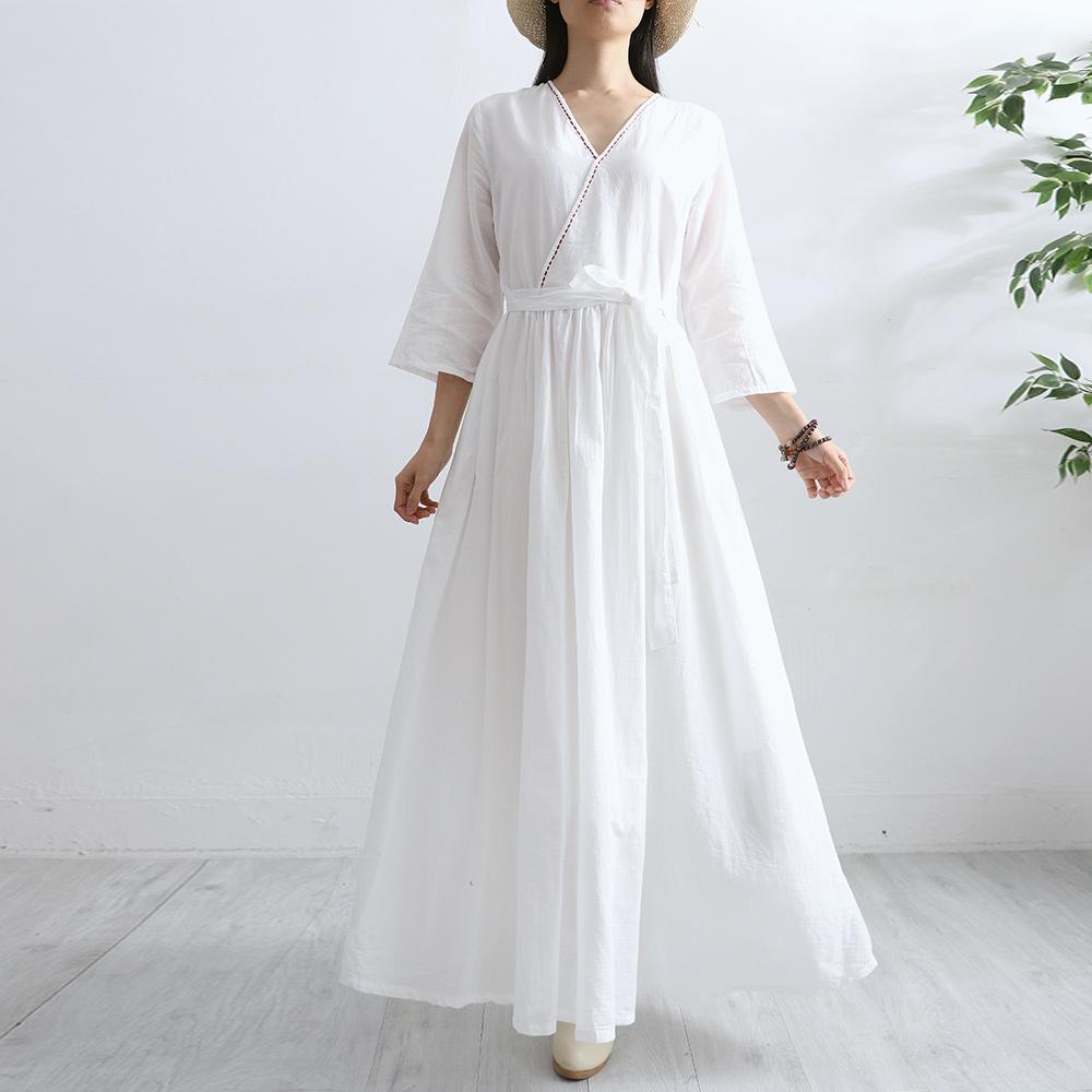 Beautiful v neck cotton clothes Work Outfits white Plus Size Dress - Omychic