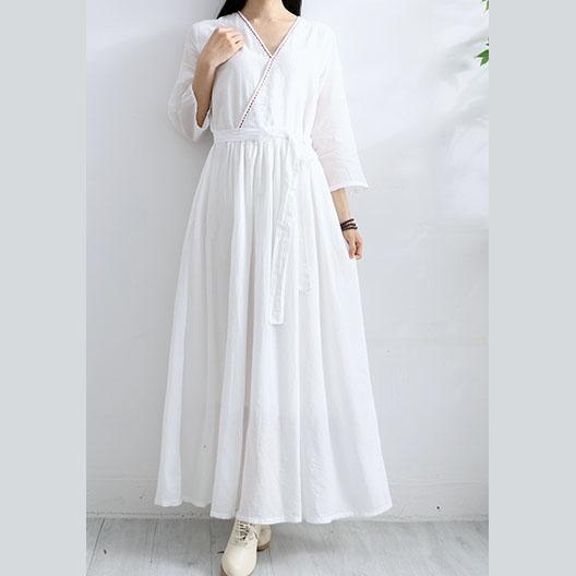 Beautiful v neck cotton clothes Work Outfits white Plus Size Dress - Omychic