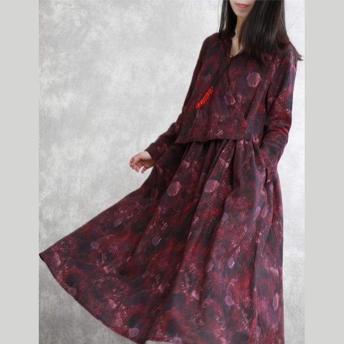 Beautiful v neck linen clothes For Women Fitted Fabrics dark purplu Robe Dresses spring prints - Omychic