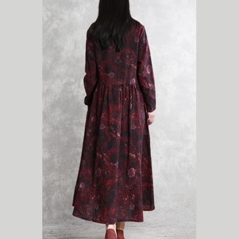 Beautiful v neck linen clothes For Women Fitted Fabrics dark purplu Robe Dresses spring prints - Omychic