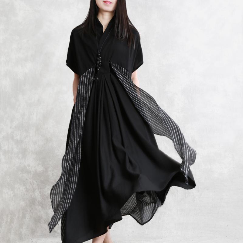 Beautiful v neck patchwork Robes Wardrobes black striped Dresses summer - Omychic