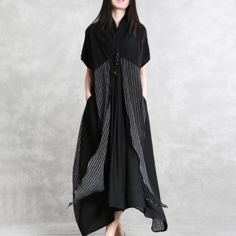 Beautiful v neck patchwork Robes Wardrobes black striped Dresses summer - Omychic