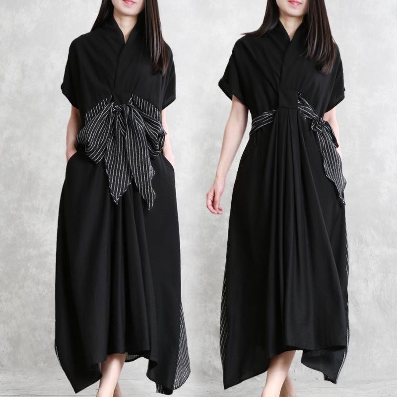 Beautiful v neck patchwork Robes Wardrobes black striped Dresses summer - Omychic