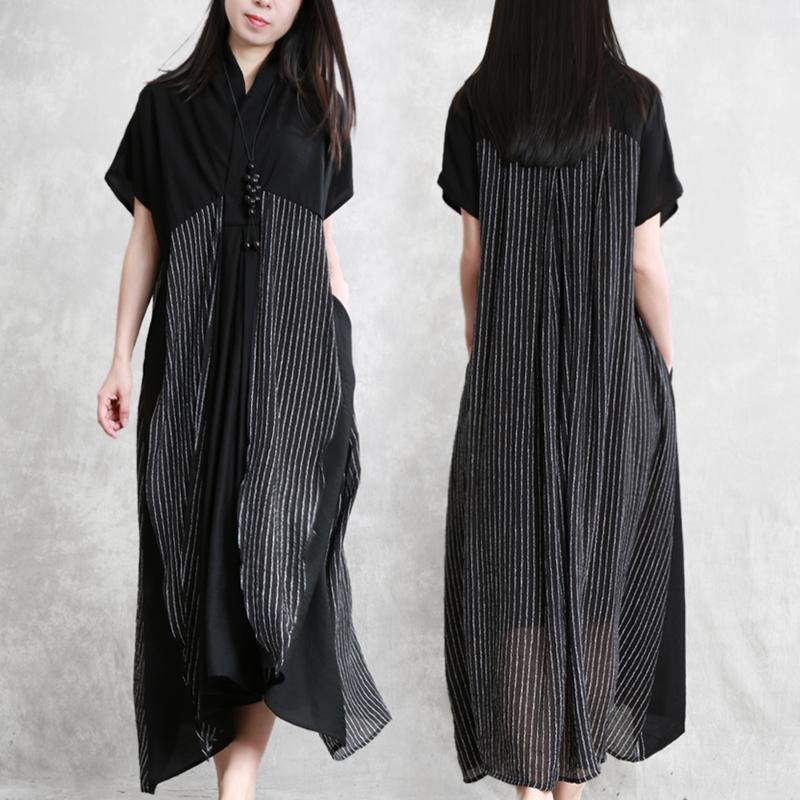 Beautiful v neck patchwork Robes Wardrobes black striped Dresses summer - Omychic