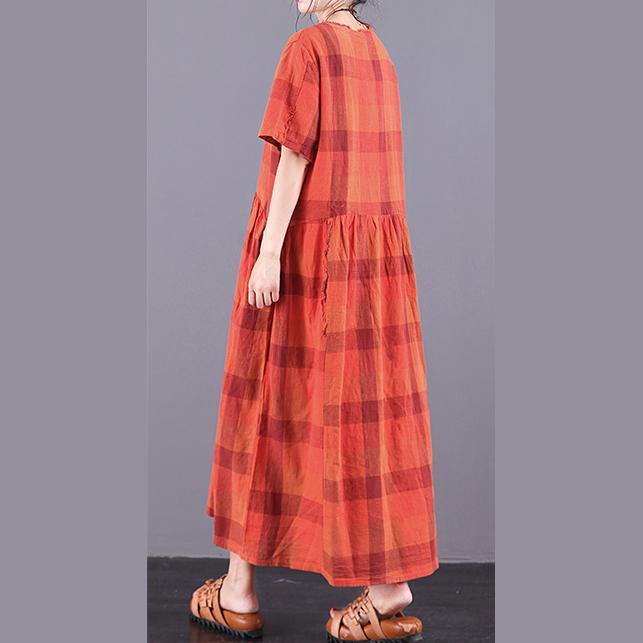 Beautiful v neck pockets linen dresses design orange Plaid Dress summer - Omychic
