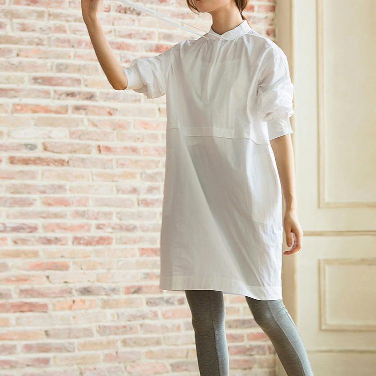 Beautiful white Cotton outfit Women Tunic Tops o neck pockets A Line spring Dresses - Omychic