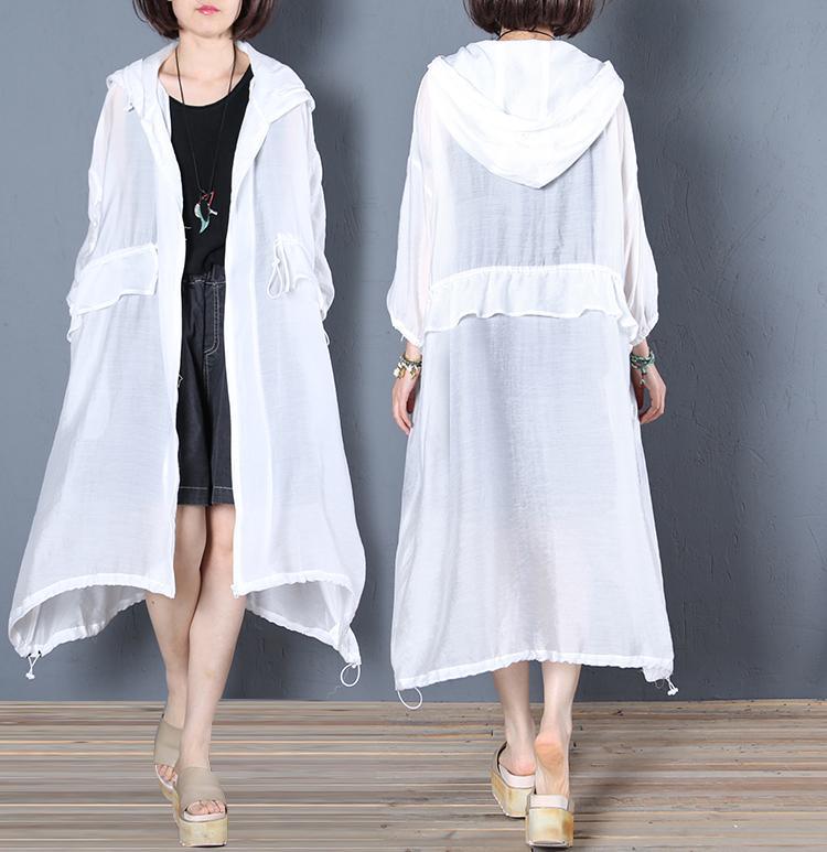 Beautiful white hooded blended outwear zippered Plus Size  summer cardigan - Omychic
