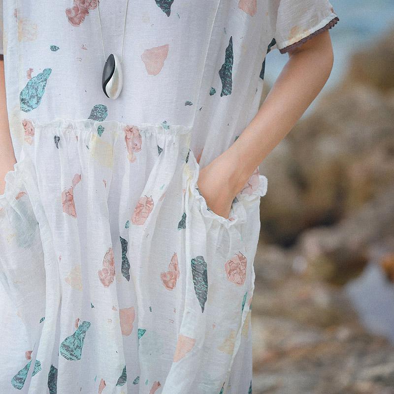 Beautiful White Print Silk Linen Dresses Women Online Shopping O Neck Pockets Robes Summer Dresses - Omychic