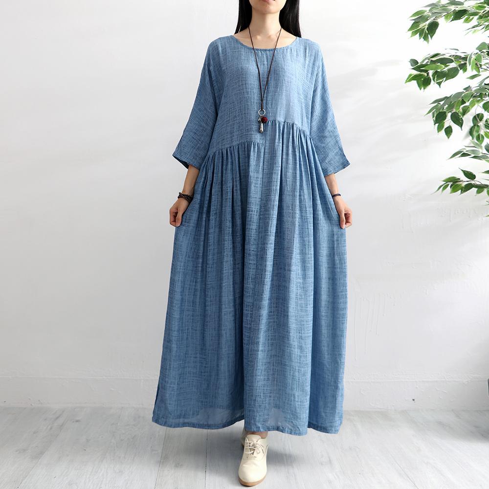 Beautiful wrinkled cotton quilting clothes Sleeve blue o neck Vestidos De Lino Dress summer - Omychic