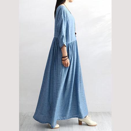 Beautiful wrinkled cotton quilting clothes Sleeve blue o neck Vestidos De Lino Dress summer - Omychic