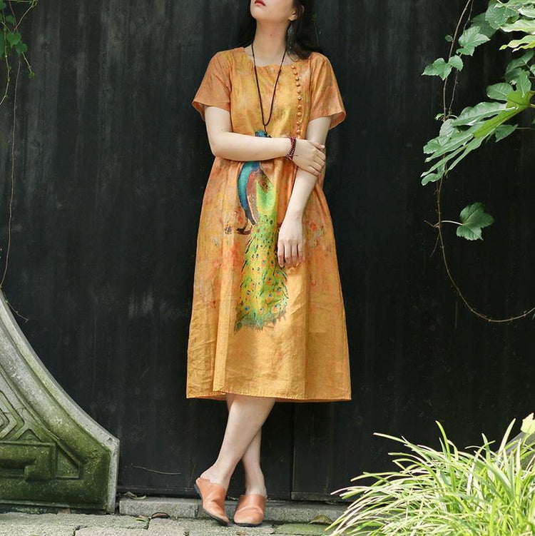 Beautiful yellow print linen dress Women Photography o neck Button Down daily Summer Dress - Omychic