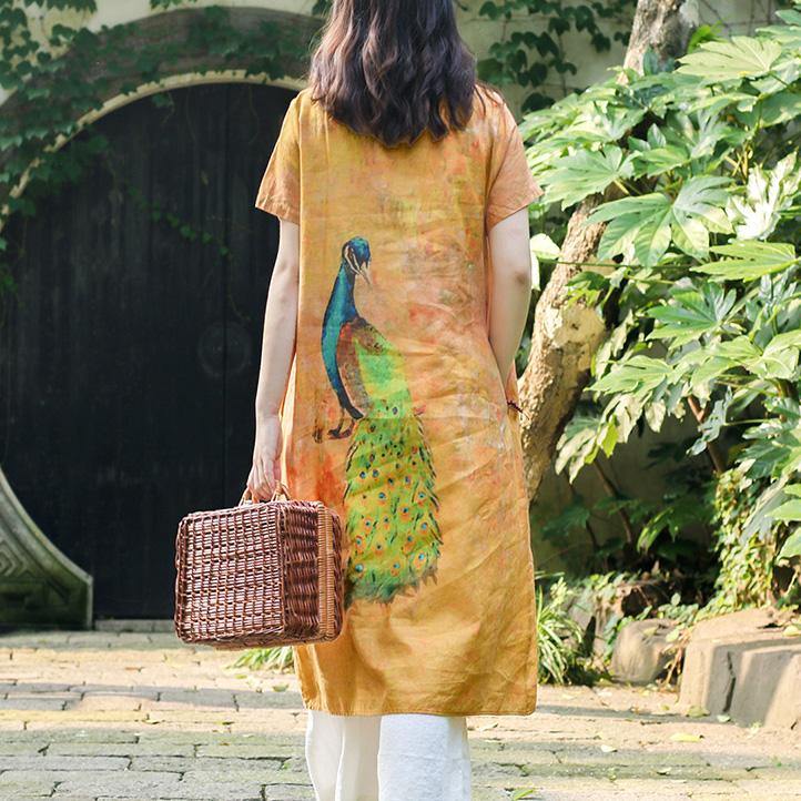Beautiful yellow print linen dress Women Photography o neck Button Down daily Summer Dress - Omychic