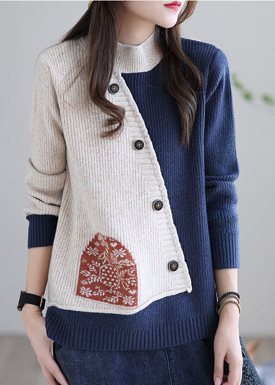 Beige Blue Print Loose Fall Knitted Sweater Tops