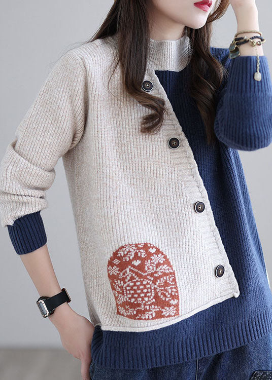 Beige Blue Print Loose Fall Knitted Sweater Tops