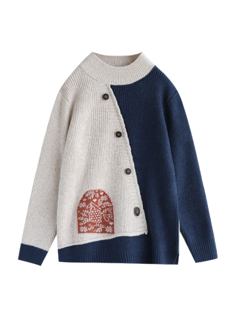 Beige Blue Print Loose Fall Knitted Sweater Tops