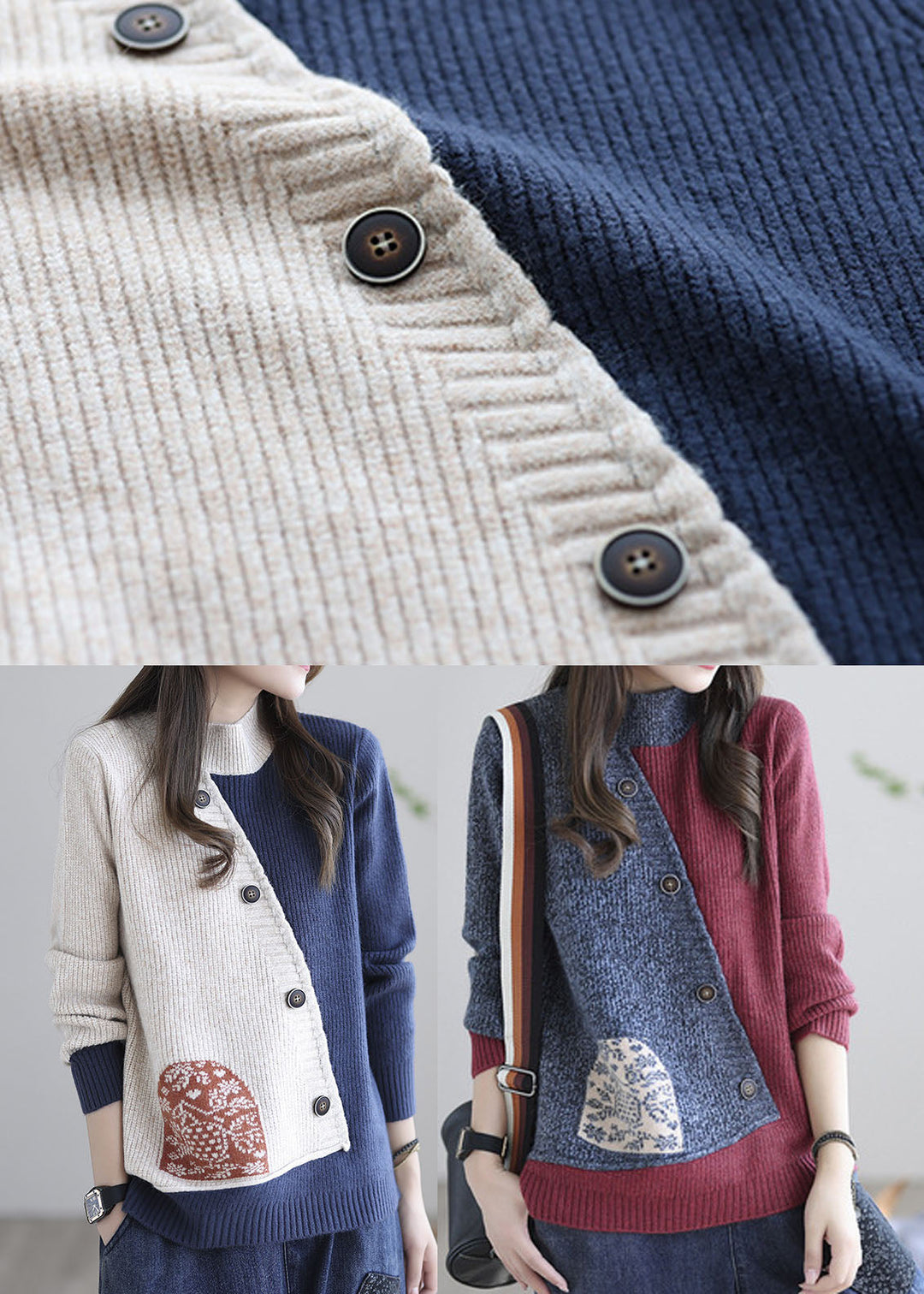 Beige Blue Print Loose Fall Knitted Sweater Tops