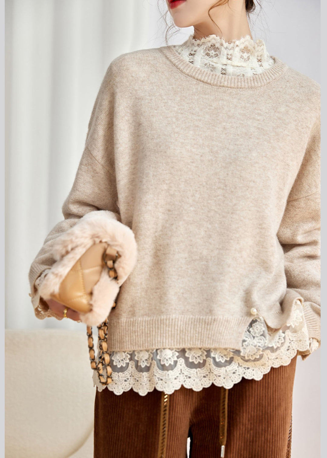 Beige Cozy Patchwork Cotton Knit Tops O Neck Long Sleeve