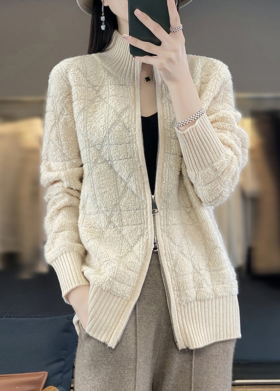 Beige Cozy Patchwork Wool Coats Stand Collar Long Sleeve