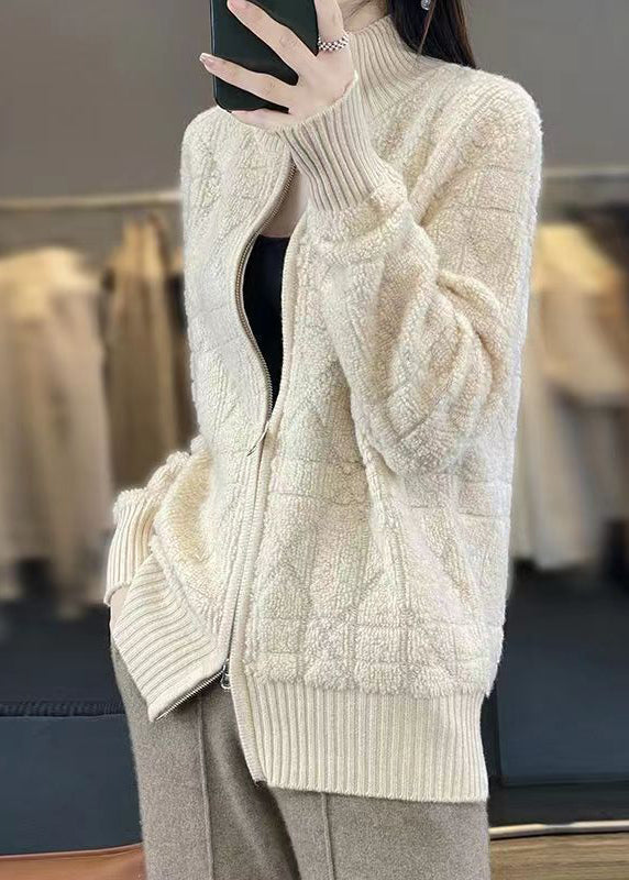 Beige Cozy Patchwork Wool Coats Stand Collar Long Sleeve