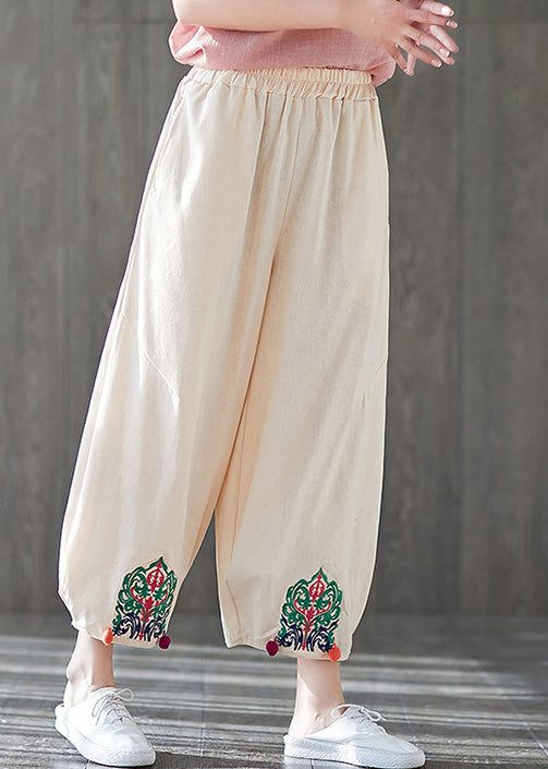 Beige Elastic Waist Solid Crop Pants Summer