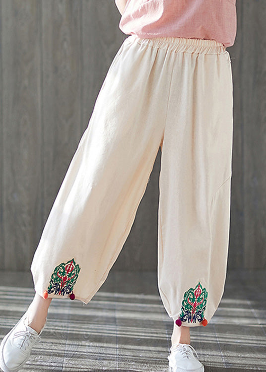 Beige Elastic Waist Solid Crop Pants Summer