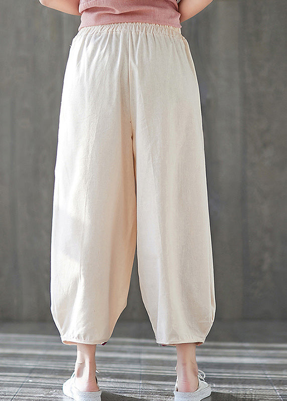 Beige Elastic Waist Solid Crop Pants Summer