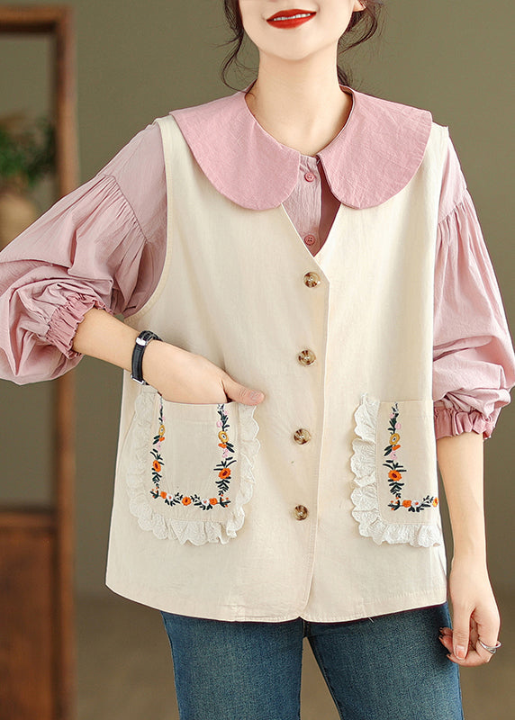 Beige Embroideried Button Cotton Two Pieces Set V Neck Sleeveless