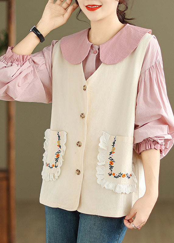 Beige Embroideried Button Cotton Two Pieces Set V Neck Sleeveless