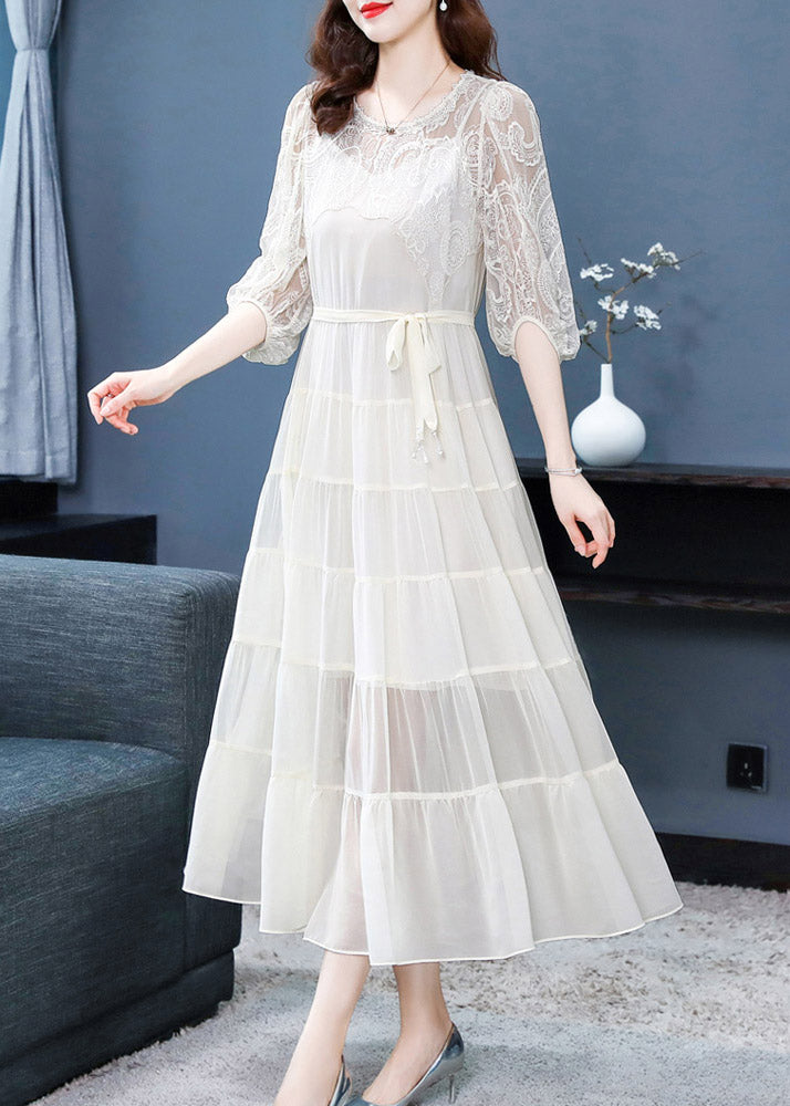 Beige Embroideried Tie Waist Silk Long Dresses Long Sleeve