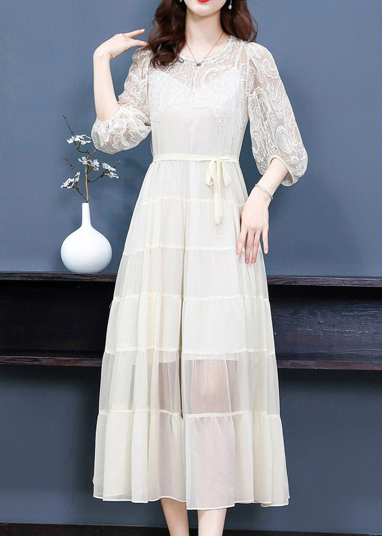 Beige Embroideried Tie Waist Silk Long Dresses Long Sleeve