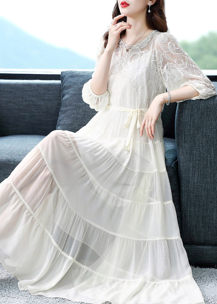 Beige Embroideried Tie Waist Silk Long Dresses Long Sleeve