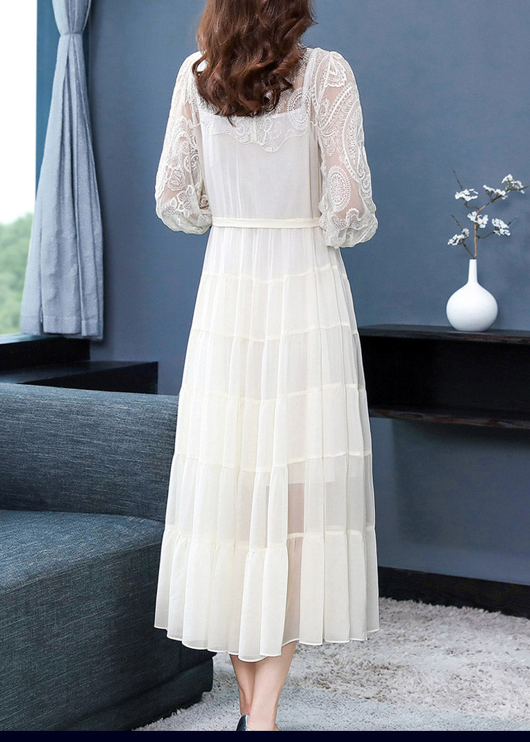 Beige Embroideried Tie Waist Silk Long Dresses Long Sleeve