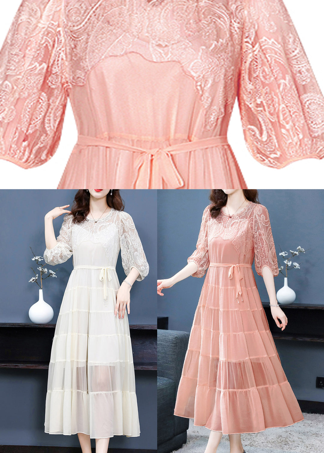 Beige Embroideried Tie Waist Silk Long Dresses Long Sleeve