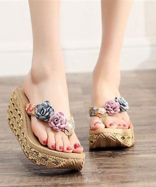 Beige Flip Flops Splicing Floral Platform Beach Holiday - Omychic