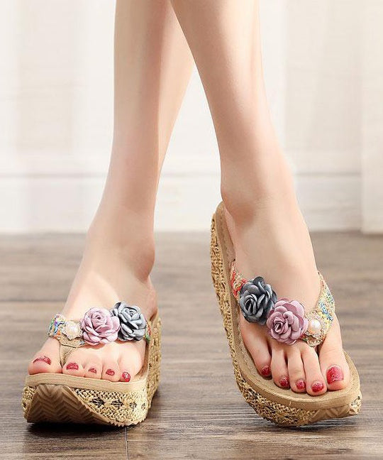 Beige Flip Flops Splicing Floral Platform Beach Holiday - Omychic