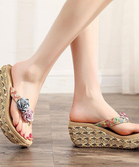 Beige Flip Flops Splicing Floral Platform Beach Holiday - Omychic