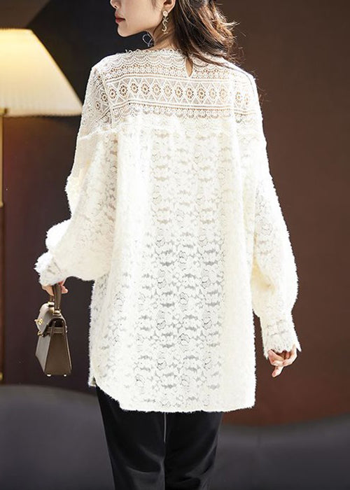 Beige Hollow Out Lace Top V Neck Long Sleeve