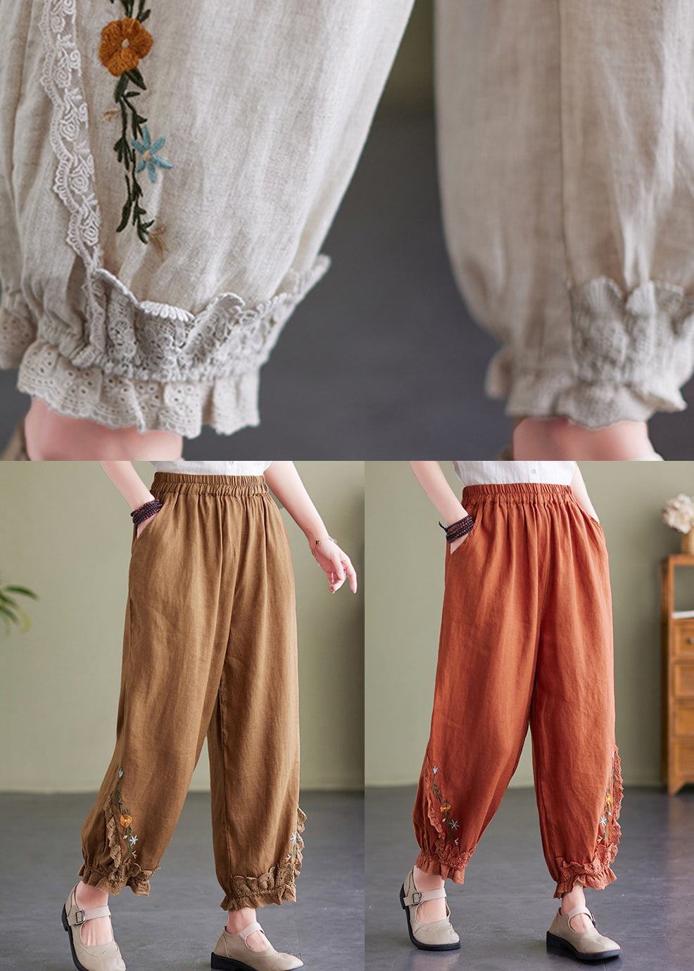 Beige Lace Pockets Linen Lantern Trousers Embroideried Summer