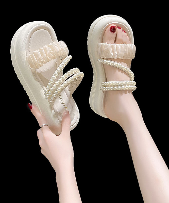 Beige Nail Bead Splicing Handmade Platform Slide Sandals