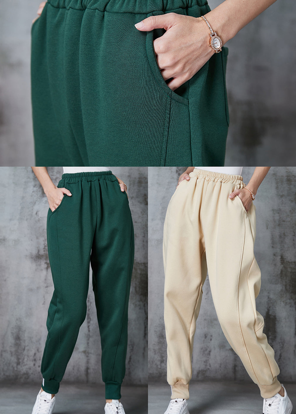 Beige Oversized Cotton Pants Elastic Waist Pockets Spring